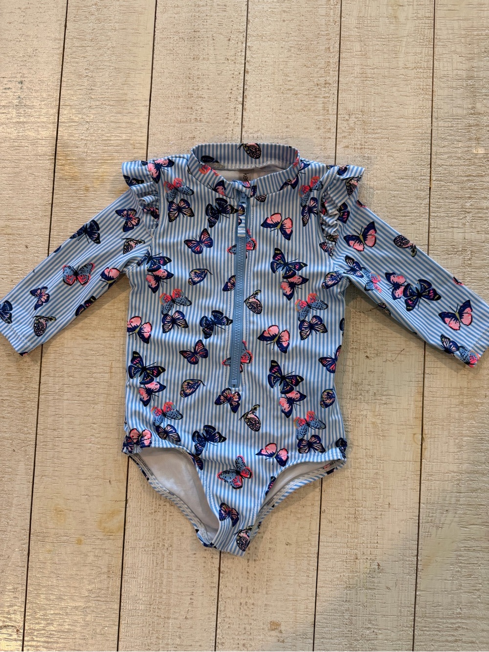 Kensie 2T Blue Stripe Butterfly Rashguard One-Piece Swimsuit